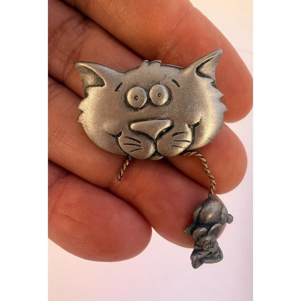 Vintage JJ Jonette Jewelry Pewter Cat and Mouse Brooch, Whimsical Feline Pin